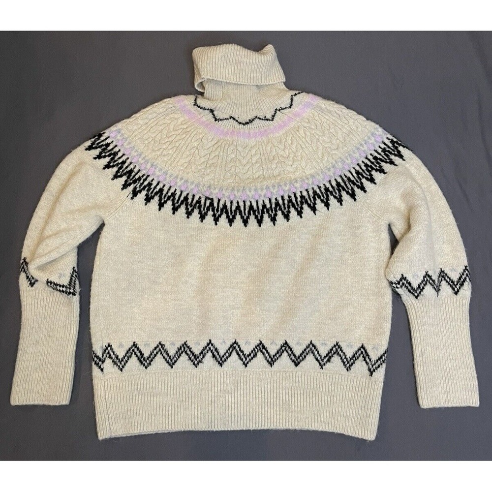A New Day Womens Sz M Ivory Long Sleeve Turtle Neck Aztec Crochet Fuzzy Sweater - Picture 6 of 10